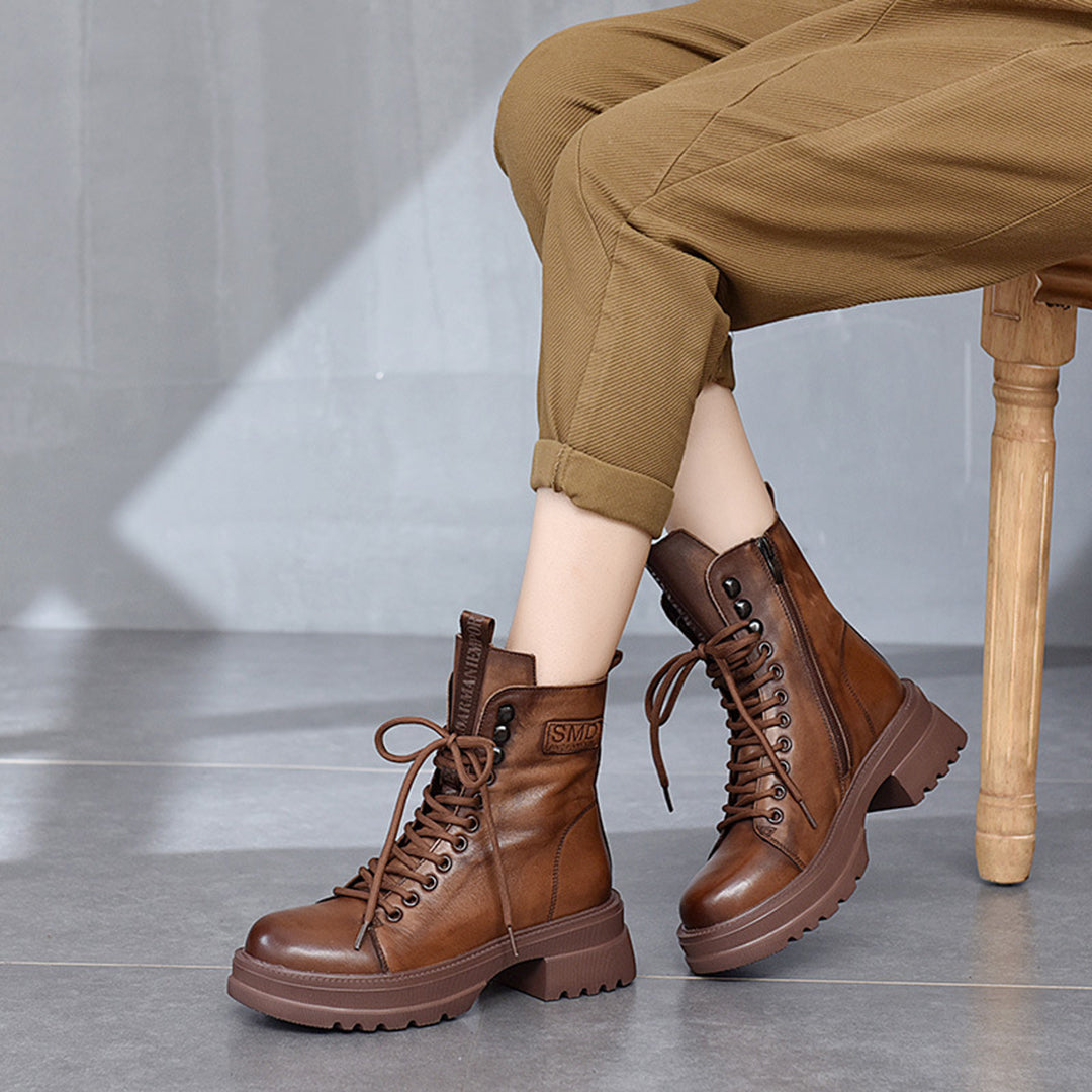 Retro Mid-heel Lace-Up Leather Boots - Luckyback
