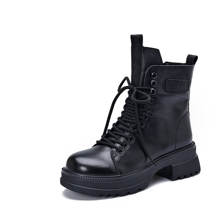 Retro Mid-heel Lace-Up Leather Boots - Luckyback