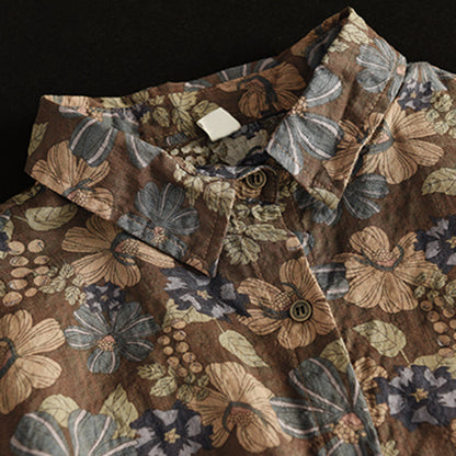 Retro Printed Cotton Linen Floral Casual Shirt