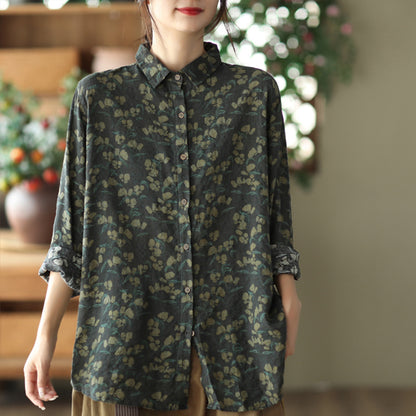 Retro Printed Cotton Linen Floral Casual Shirt