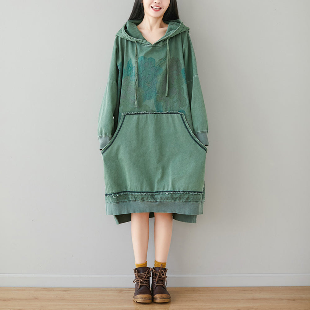 Retro Printed High-Low Hooded Dress With Large Pocket