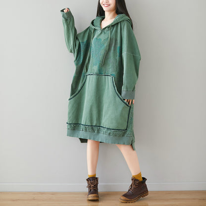 Retro Printed High-Low Hooded Dress With Large Pocket