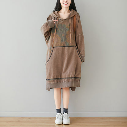 Retro Printed High-Low Hooded Dress With Large Pocket