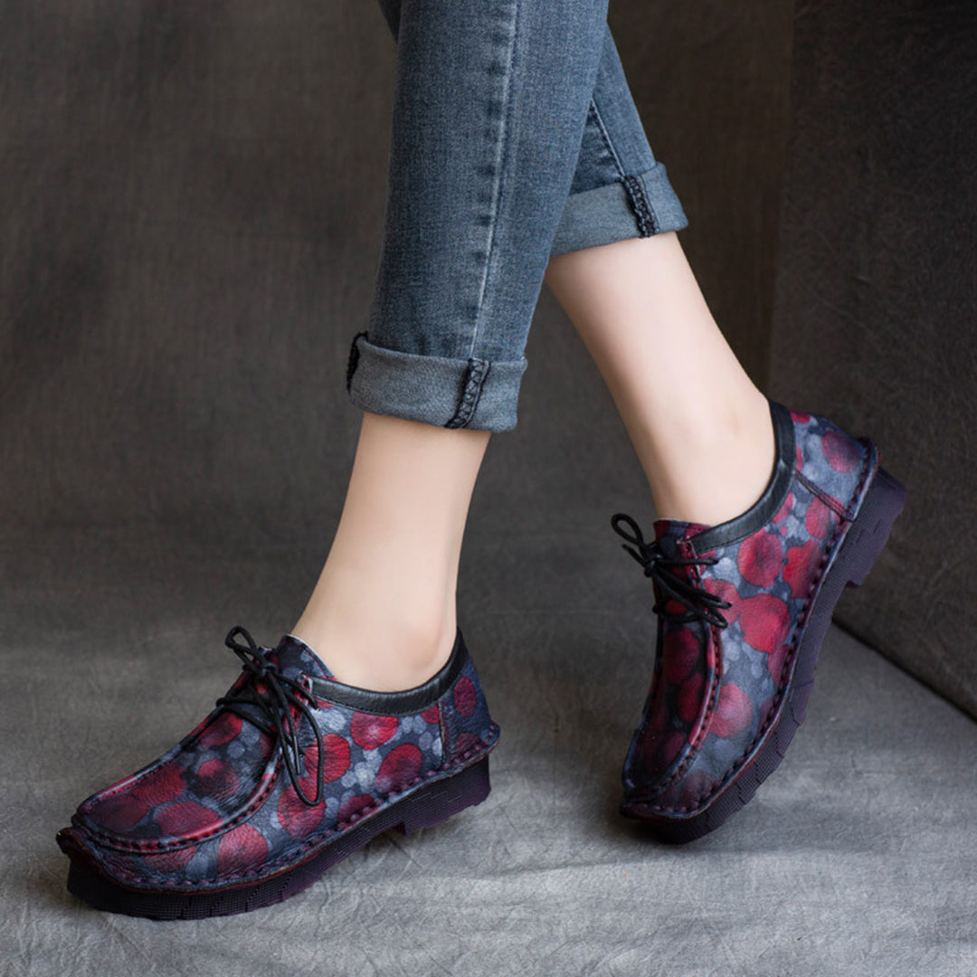 Retro Printed Lace-up Leather Shoes - Luckyback