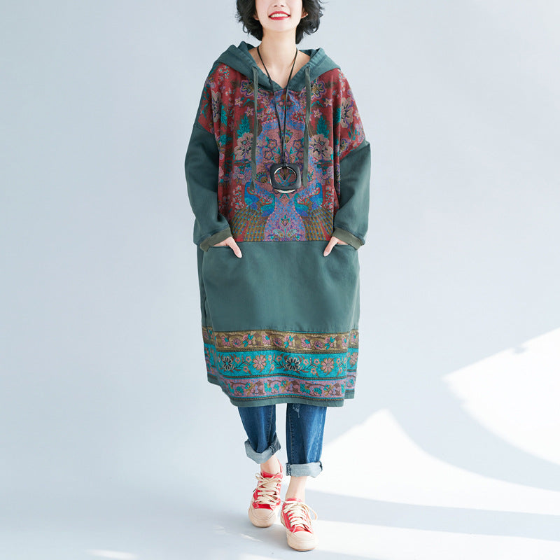 Retro Printed Stitched Hooded Dress