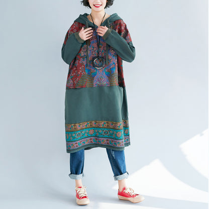 Retro Printed Stitched Hooded Dress