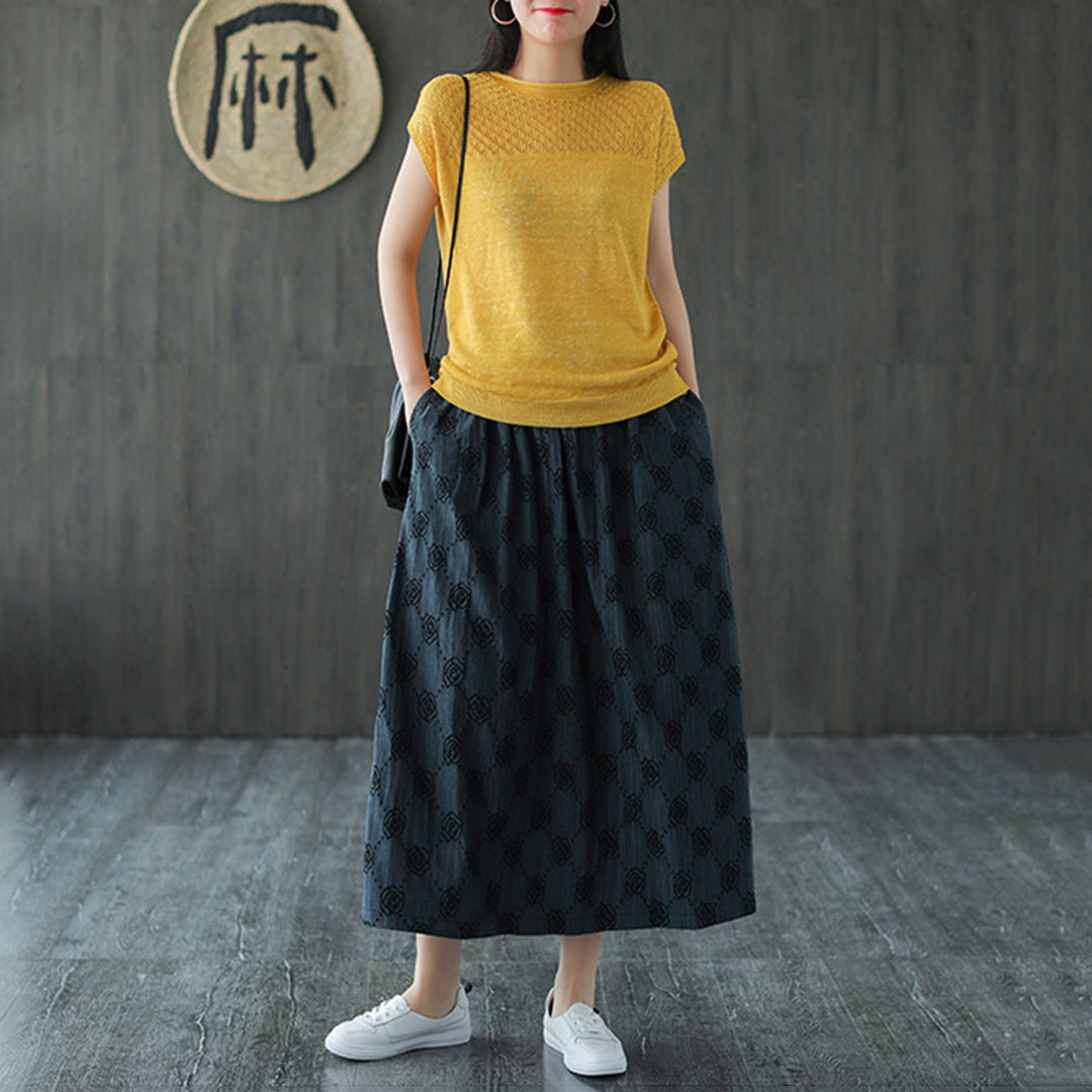 Retro Rose Jacquard Midi Skirt - Luckyback