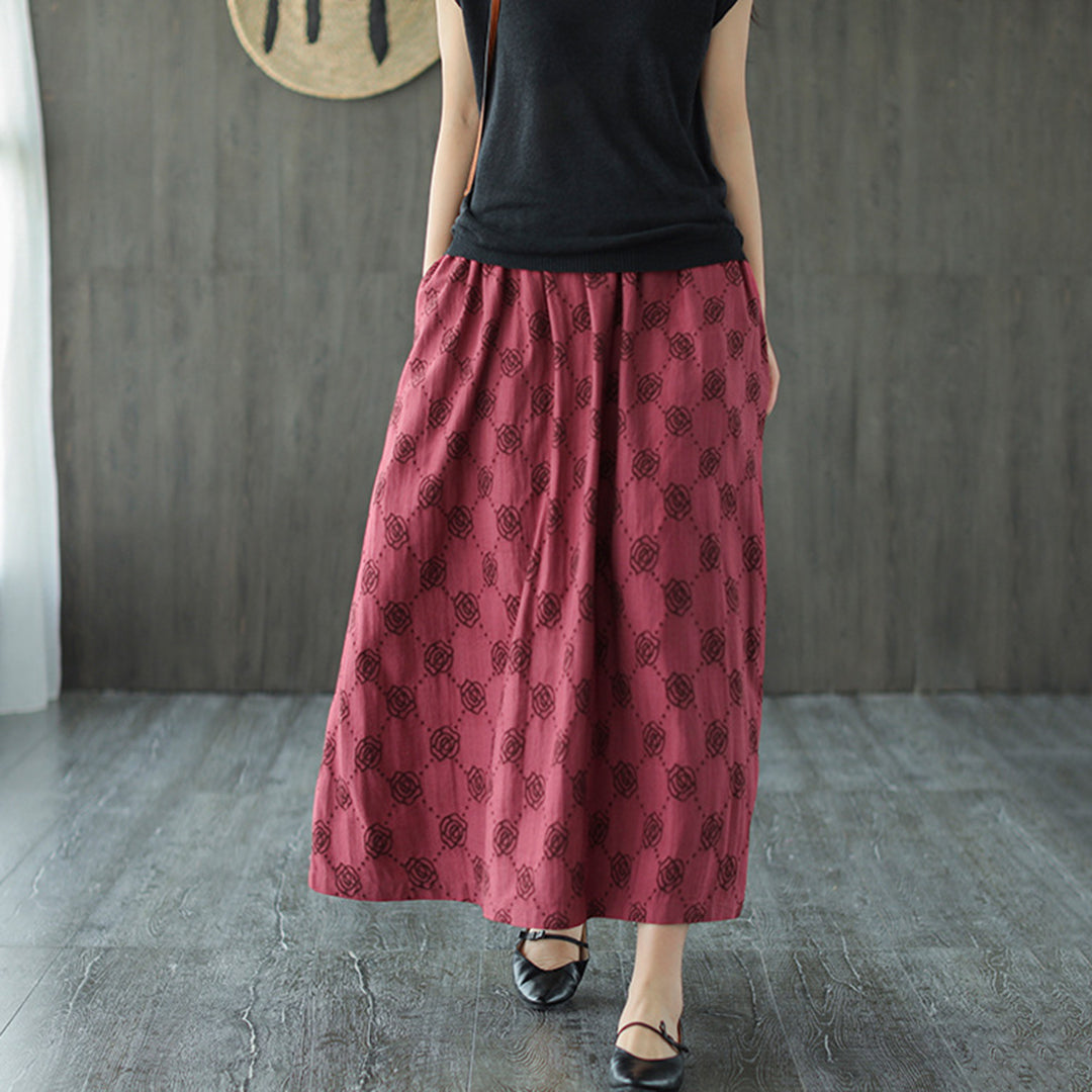 Retro Rose Jacquard Midi Skirt - Luckyback