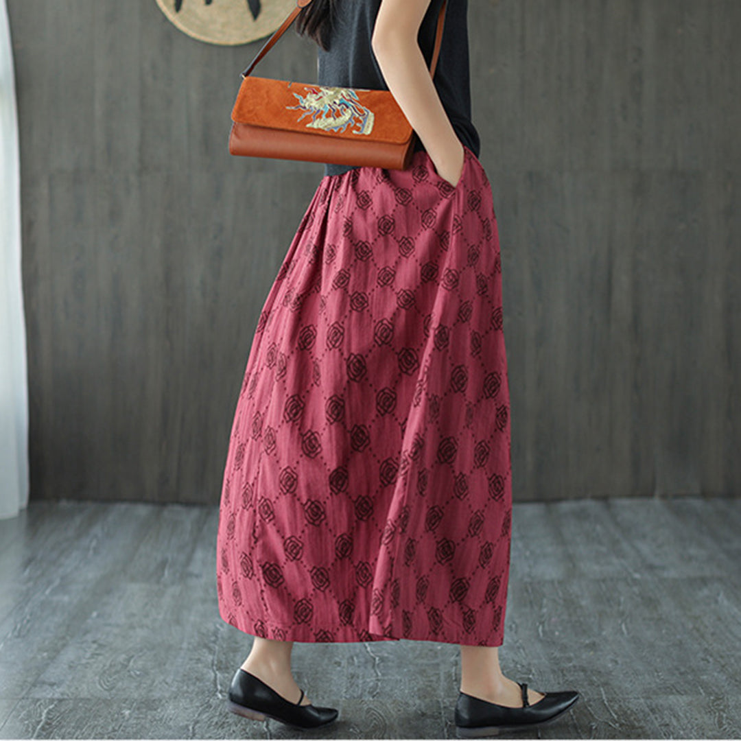 Retro Rose Jacquard Midi Skirt - Luckyback