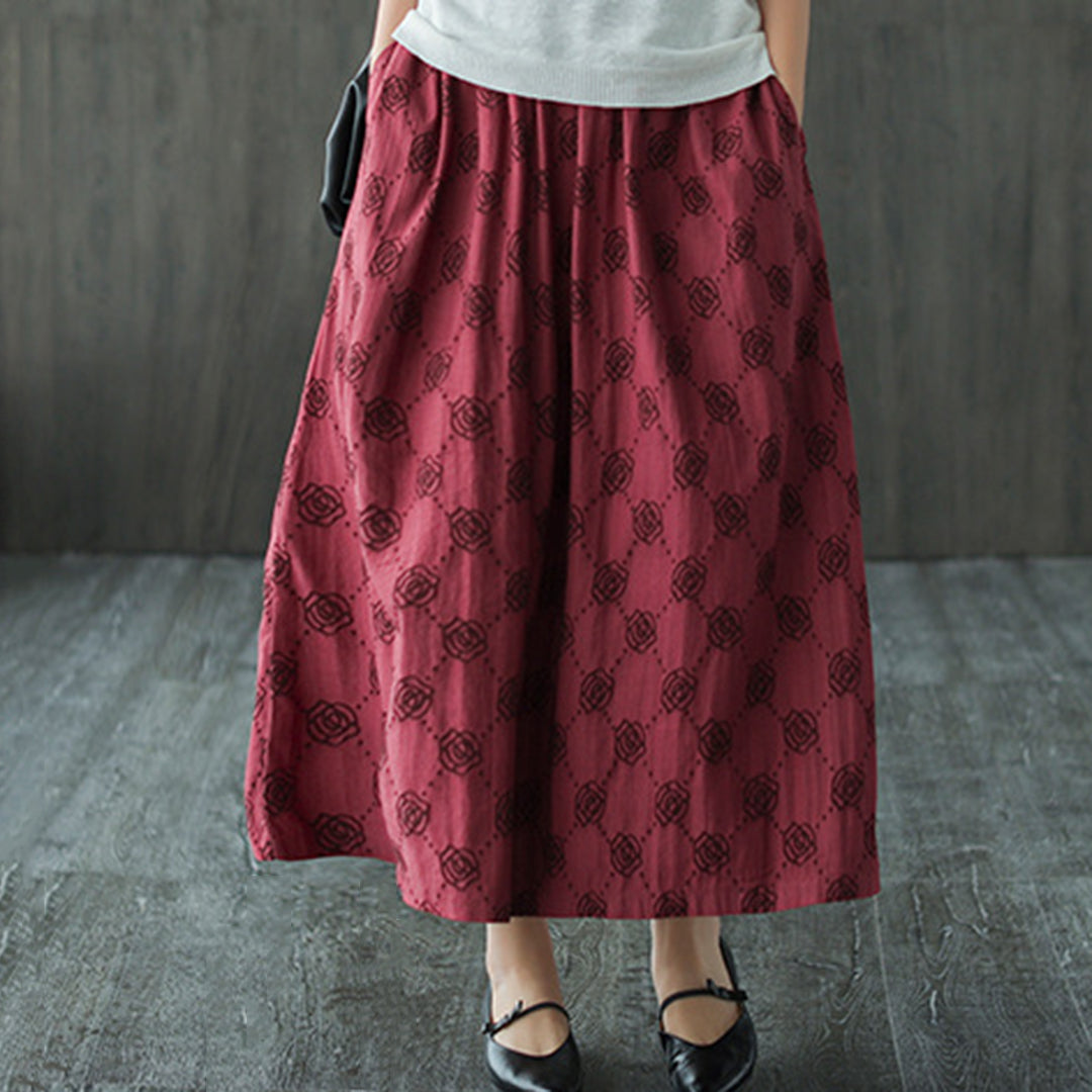Retro Rose Jacquard Midi Skirt - Luckyback