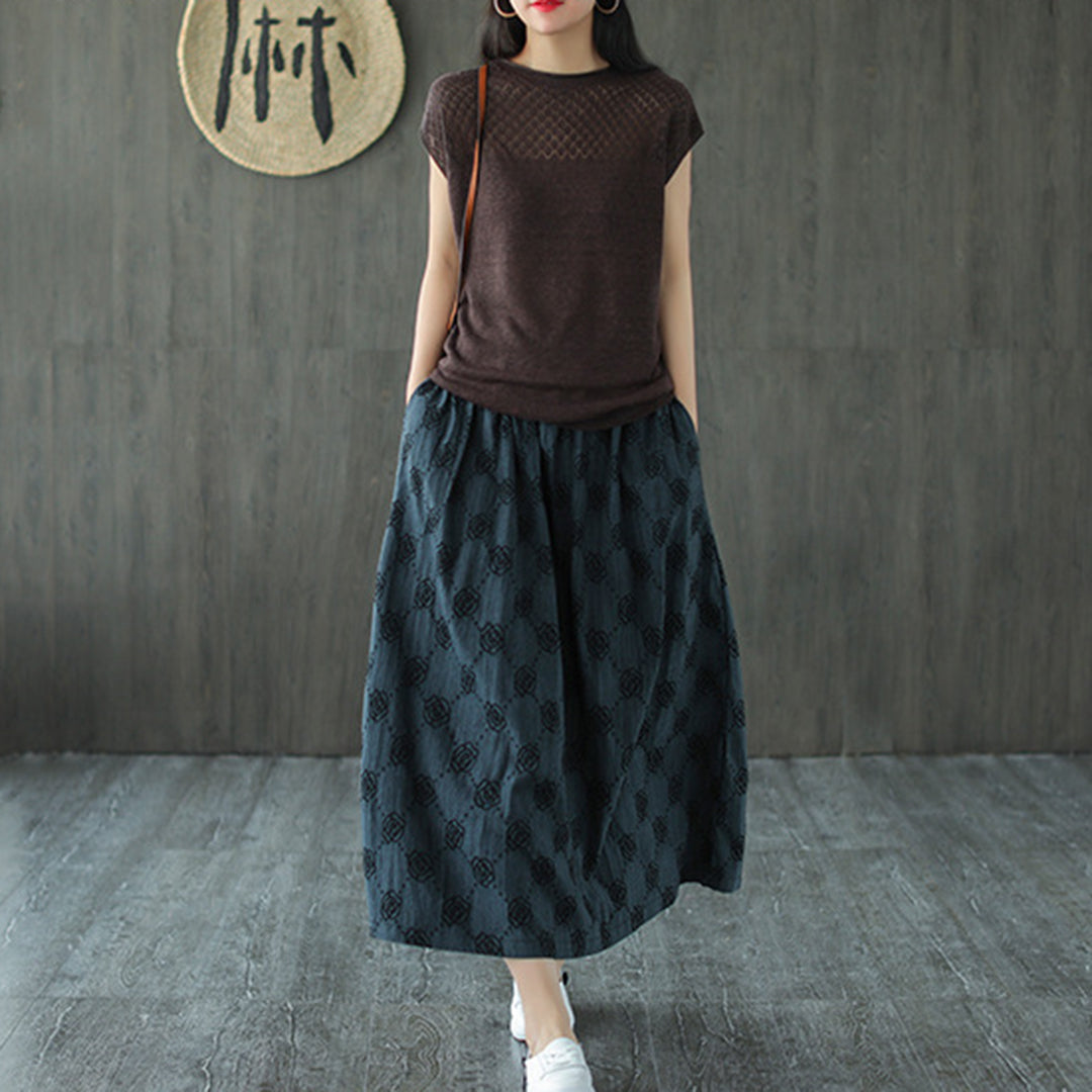 Retro Rose Jacquard Midi Skirt - Luckyback