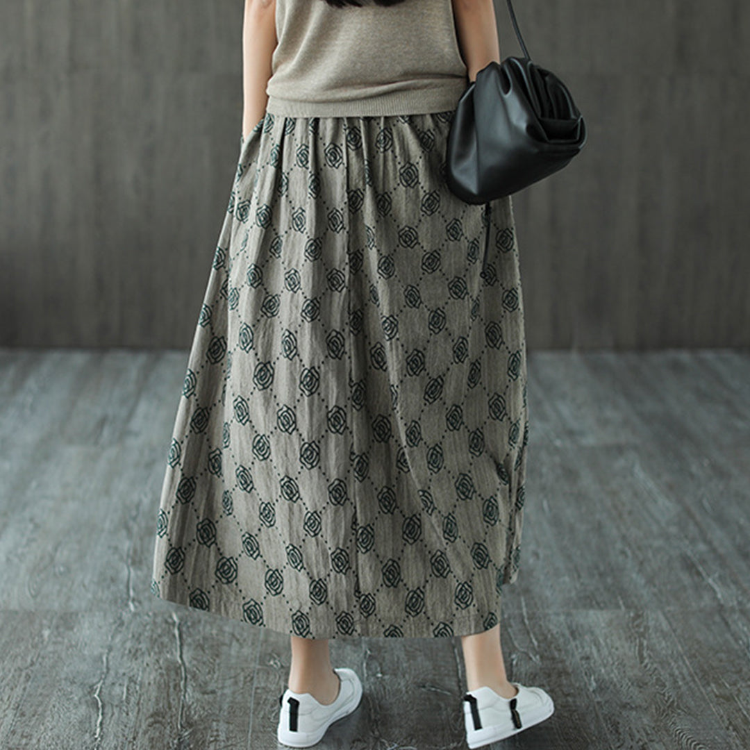 Retro Rose Jacquard Midi Skirt - Luckyback