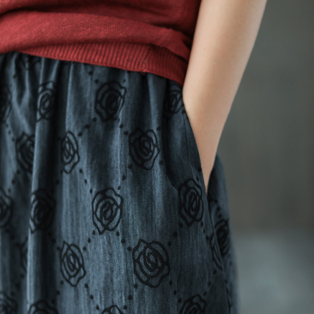 Retro Rose Jacquard Midi Skirt - Luckyback