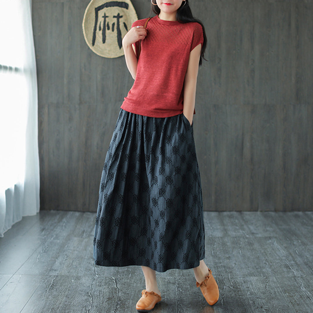 Retro Rose Jacquard Midi Skirt - Luckyback