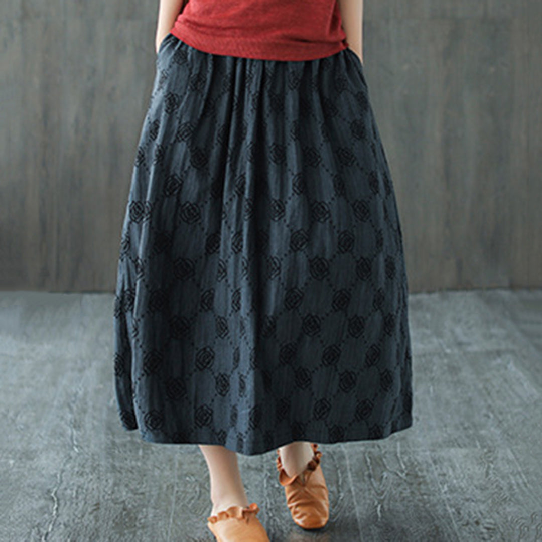 Retro Rose Jacquard Midi Skirt - Luckyback