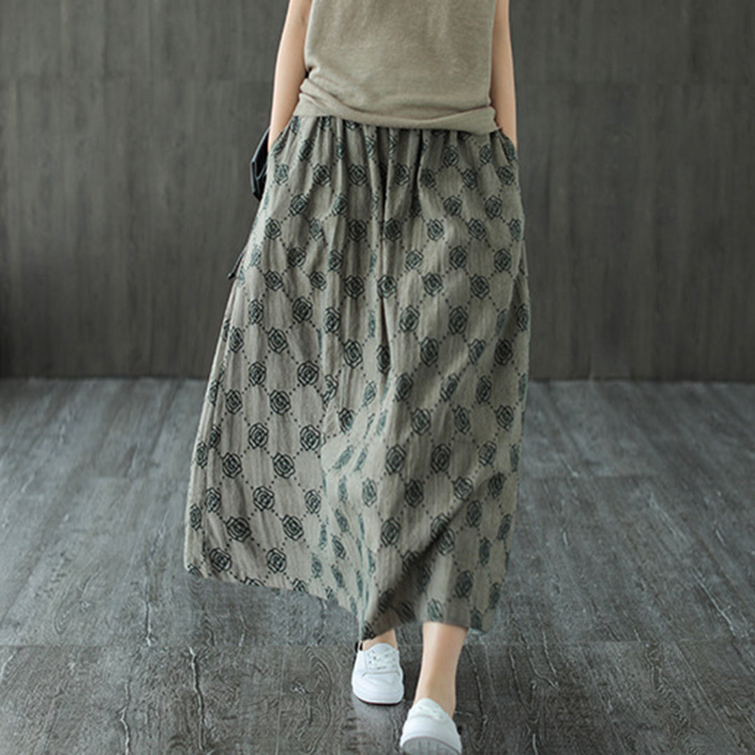 Retro Rose Jacquard Midi Skirt - Luckyback