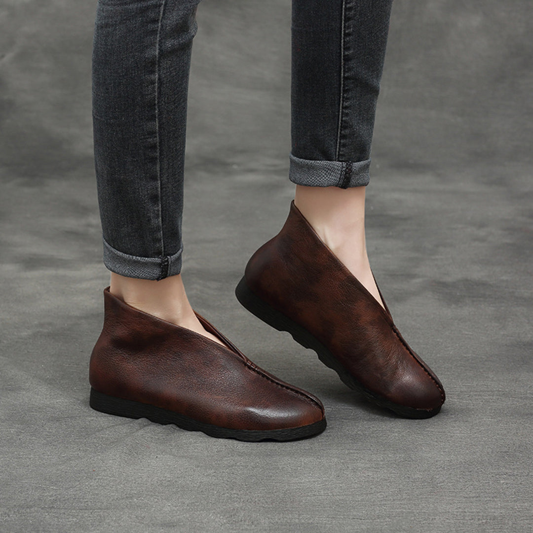 Women Vintage Leather Spliced Strap Flat Shoes 1 main image 0