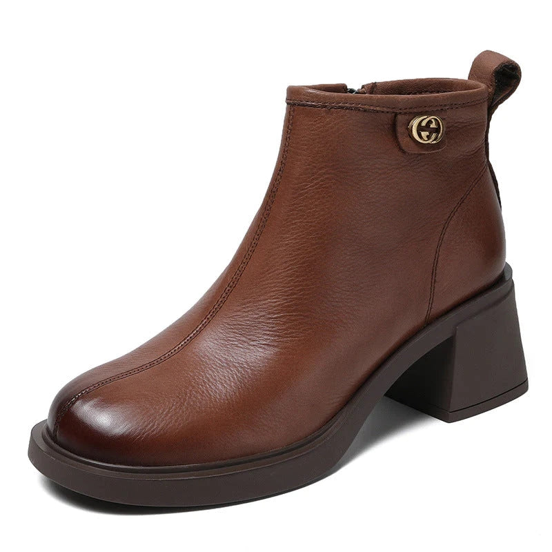 Retro Solid Leather Casual Wedge Boots With Rear Zipper