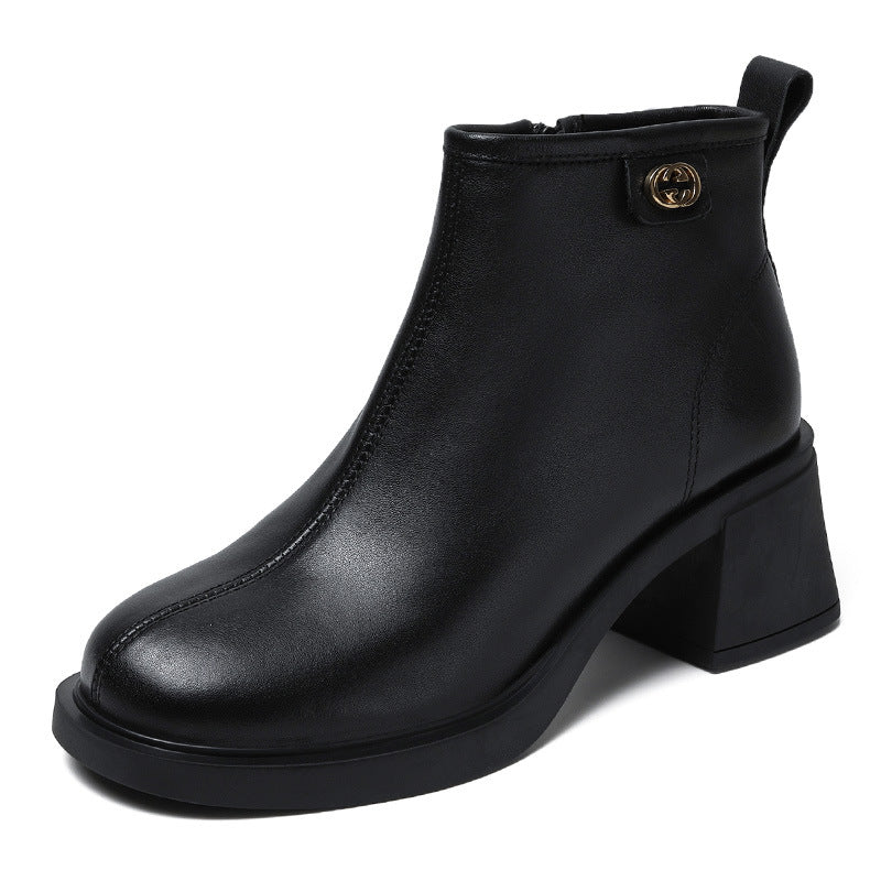 Retro Solid Leather Casual Wedge Boots With Rear Zipper