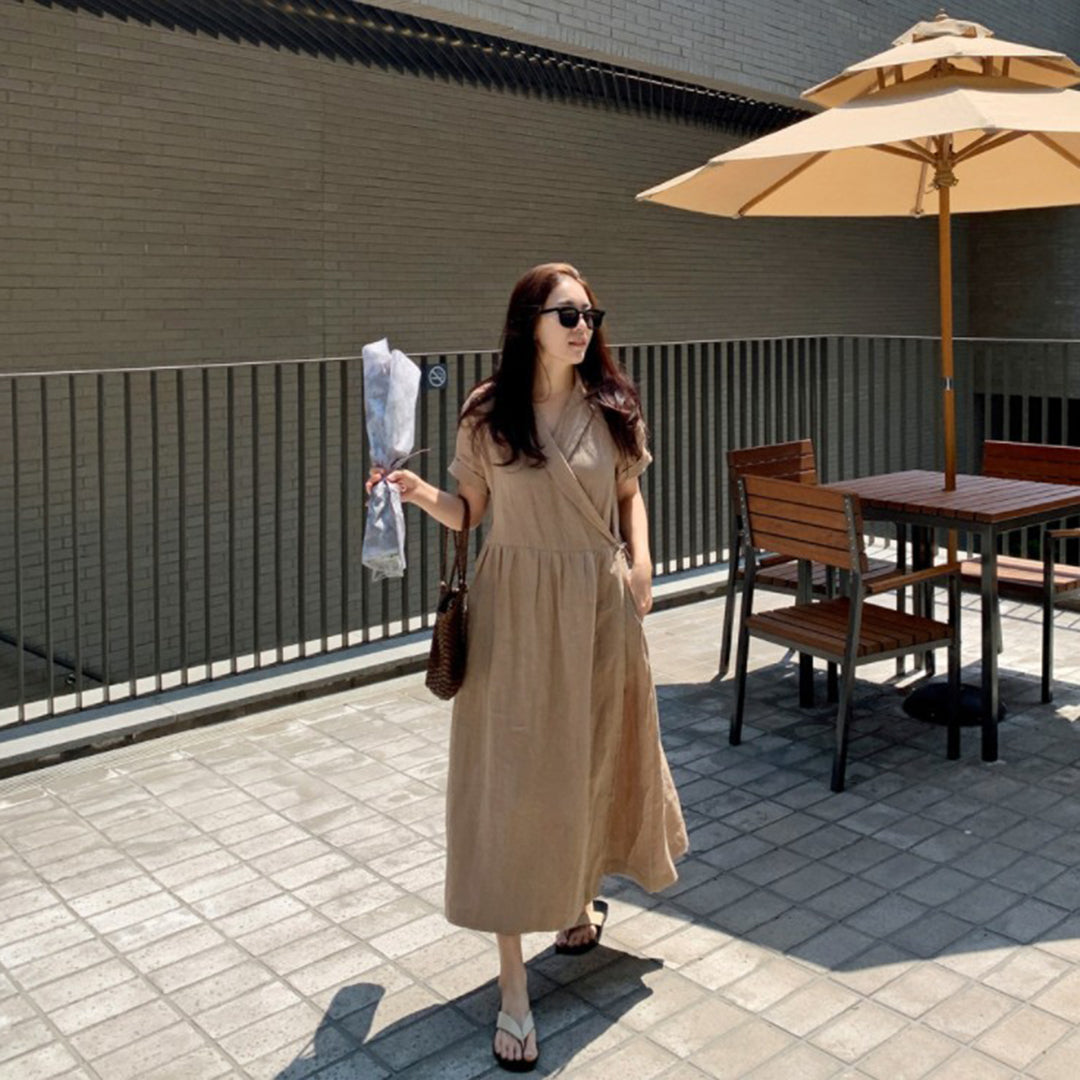 Revere Neck Linen Loose Fit Dress - Luckyback