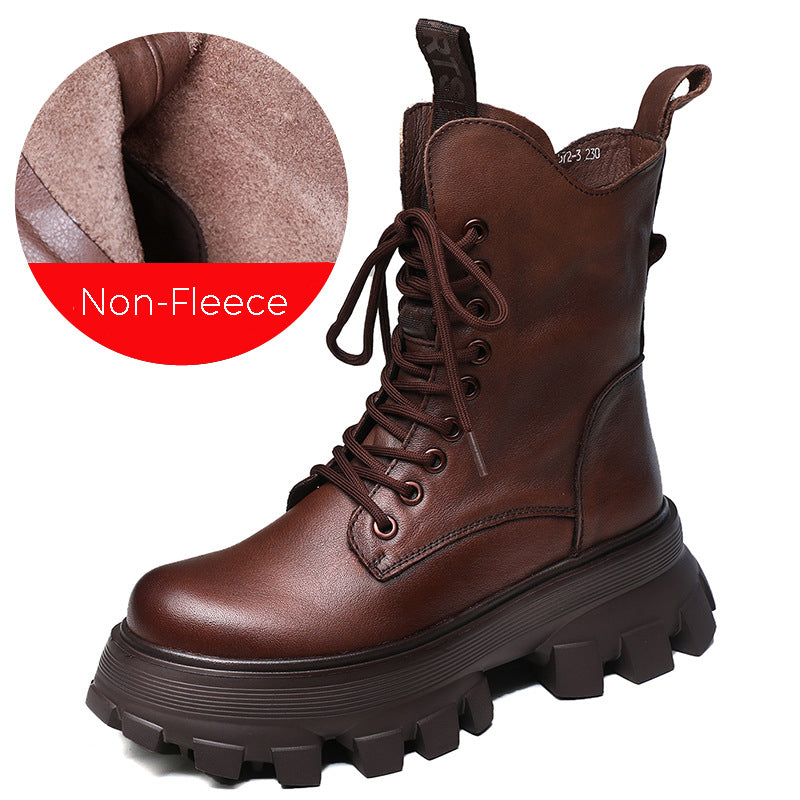 Round Toe Lace-Up Platform Leather Boots - Luckyback