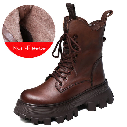 Round Toe Lace-Up Platform Leather Boots - Luckyback