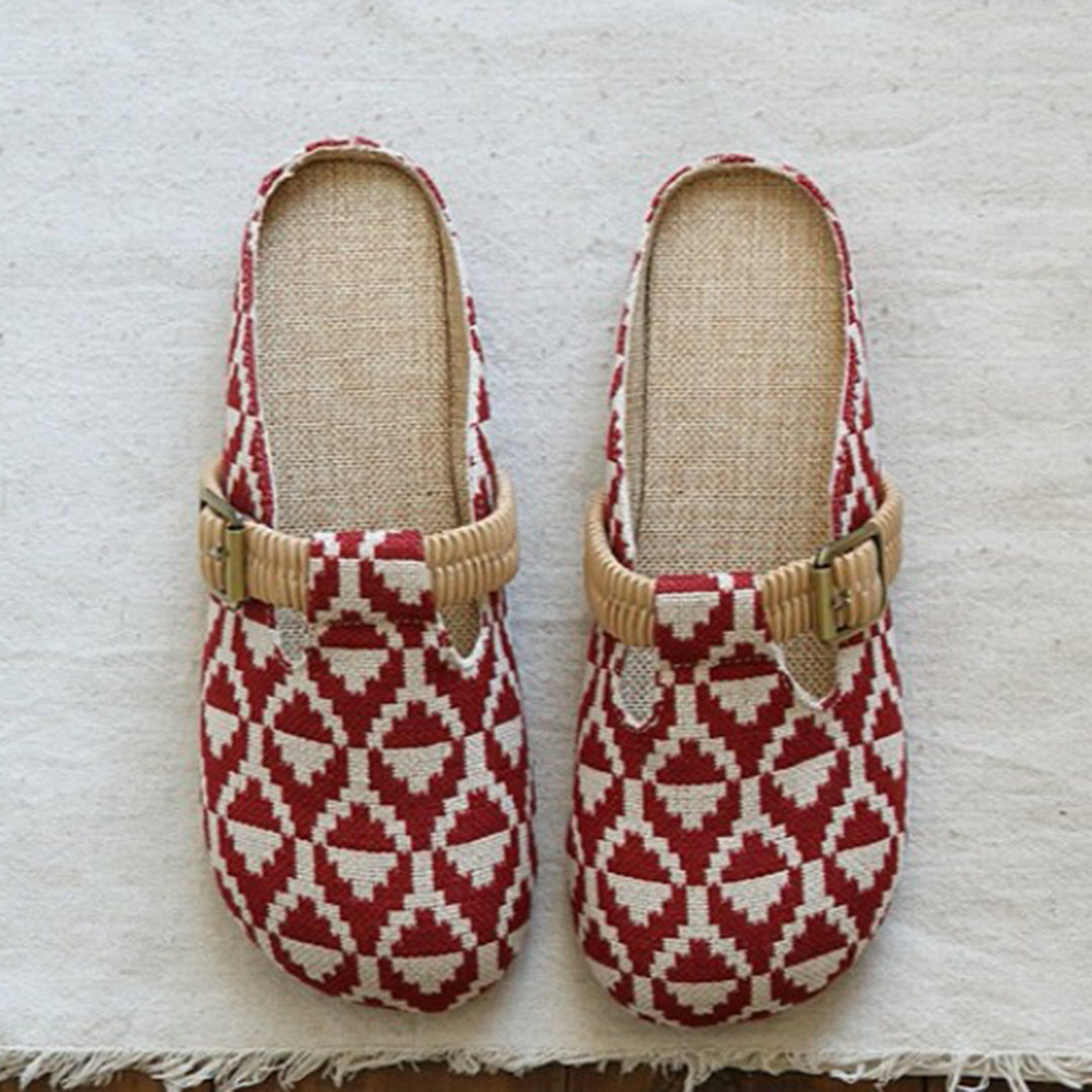 Round Toe Lattice Handmade Linen Slippers