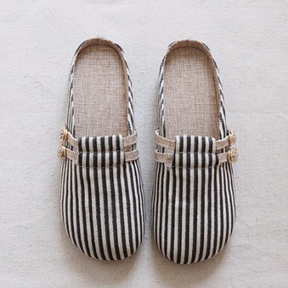 Round Toe Stripes Handmade Linen Slippers