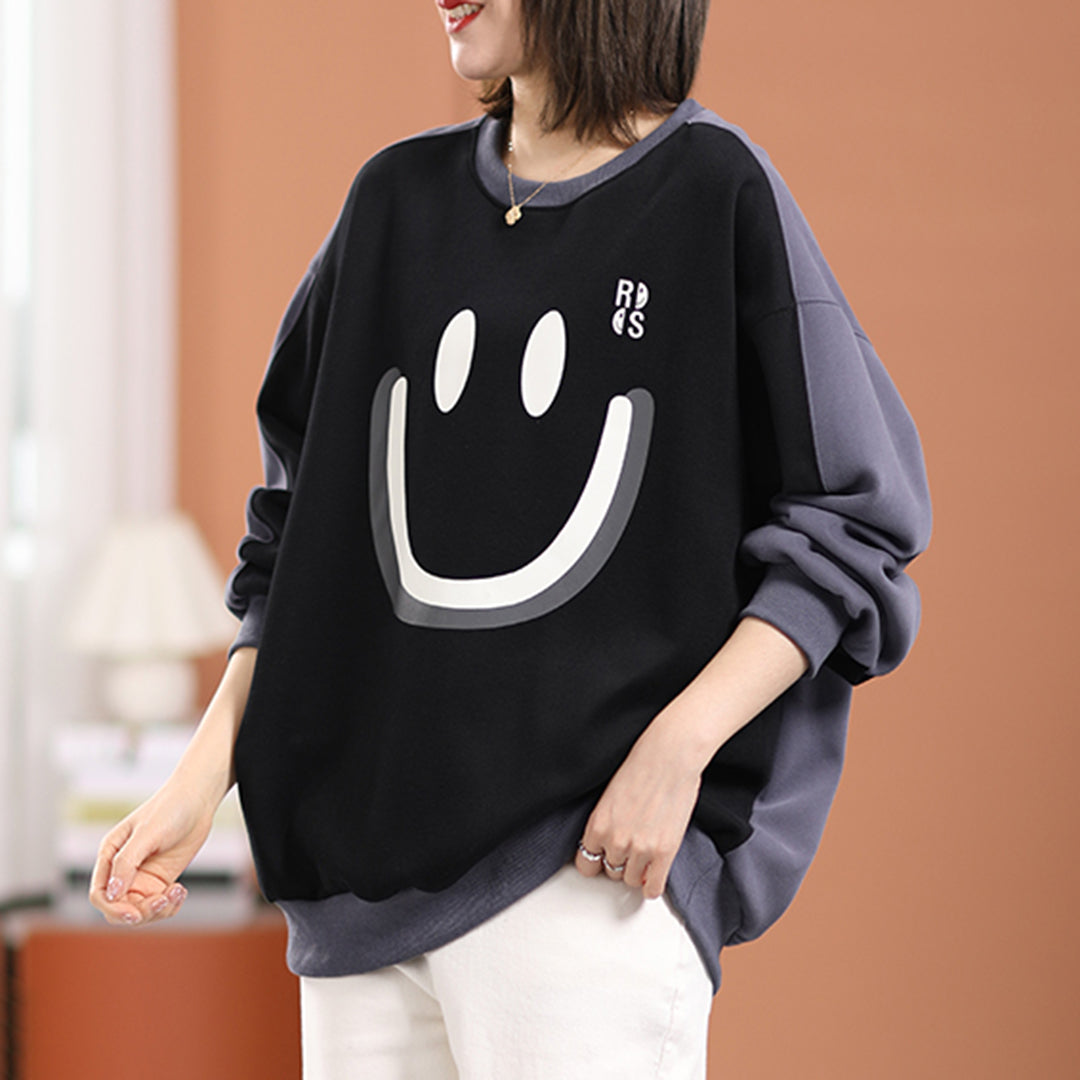 Smile Print Color Block Casual Sweatshirt - Luckyback