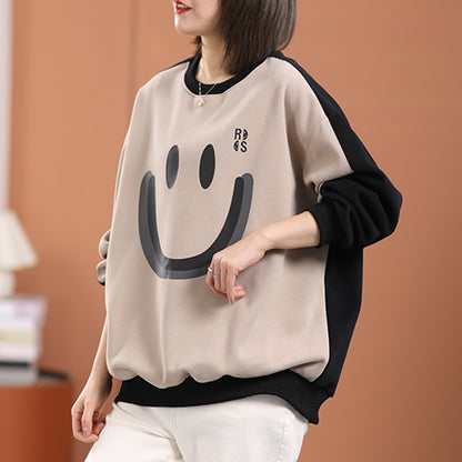 Smile Print Color Block Casual Sweatshirt - Luckyback