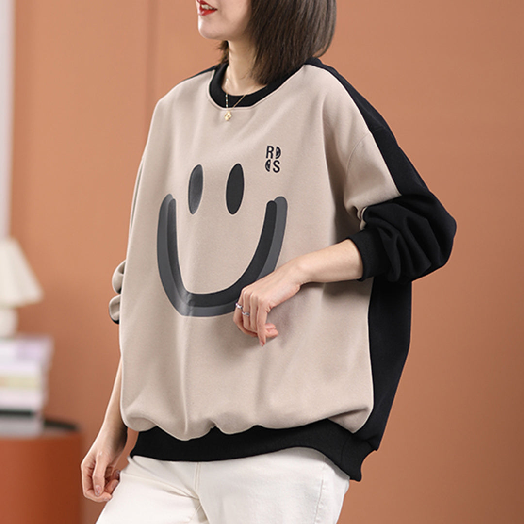 Smile Print Color Block Casual Sweatshirt - Luckyback