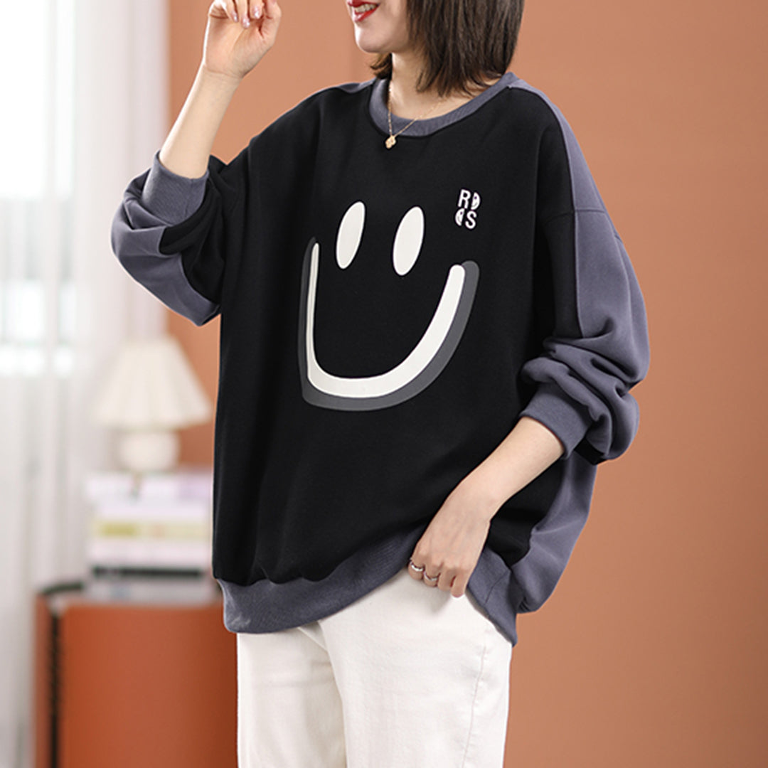 Smile Print Color Block Casual Sweatshirt - Luckyback