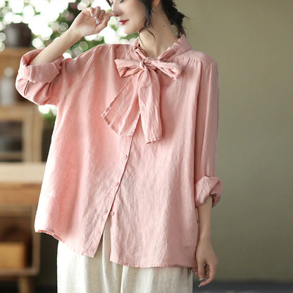 Solid Bow-Tied Collar Casual Linen Blouse - Luckyback