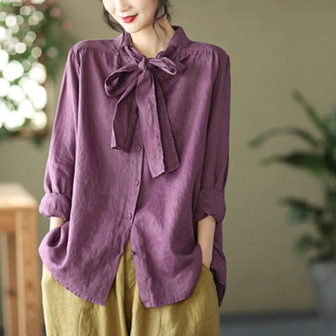 Solid Bow-Tied Collar Casual Linen Blouse - Luckyback