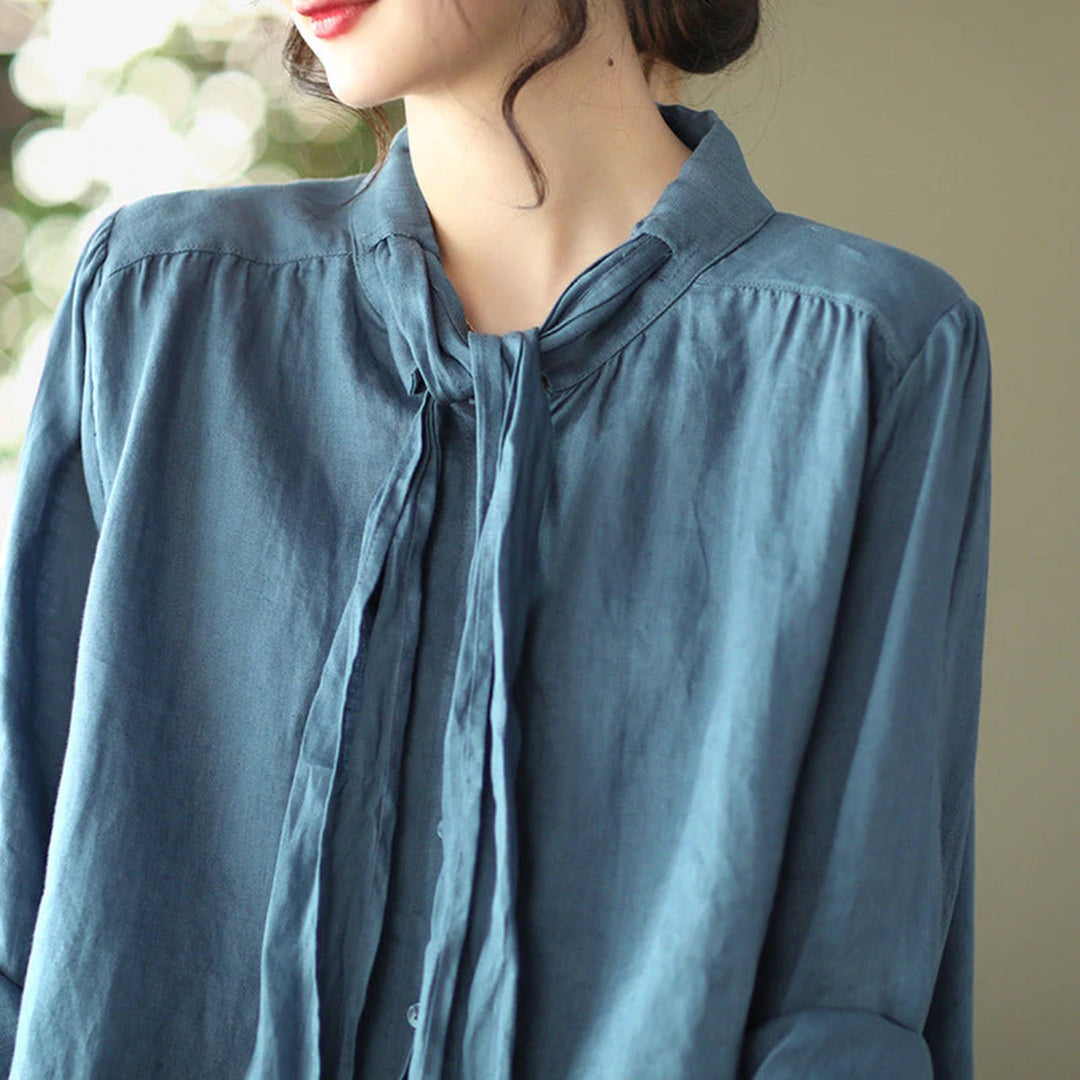 Solid Bow-Tied Collar Casual Linen Blouse - Luckyback