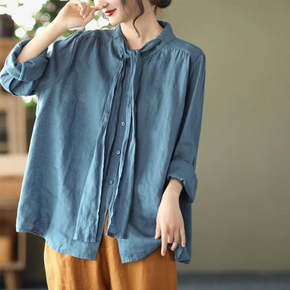 Solid Bow-Tied Collar Casual Linen Blouse - Luckyback