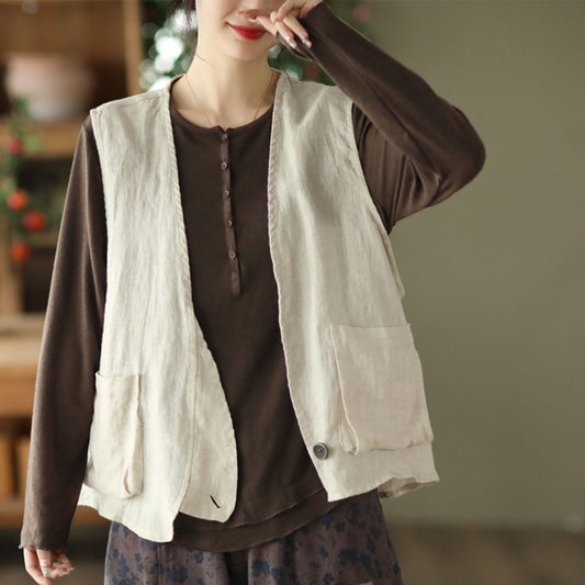 Solid Sleeveless Casual Linen Vest