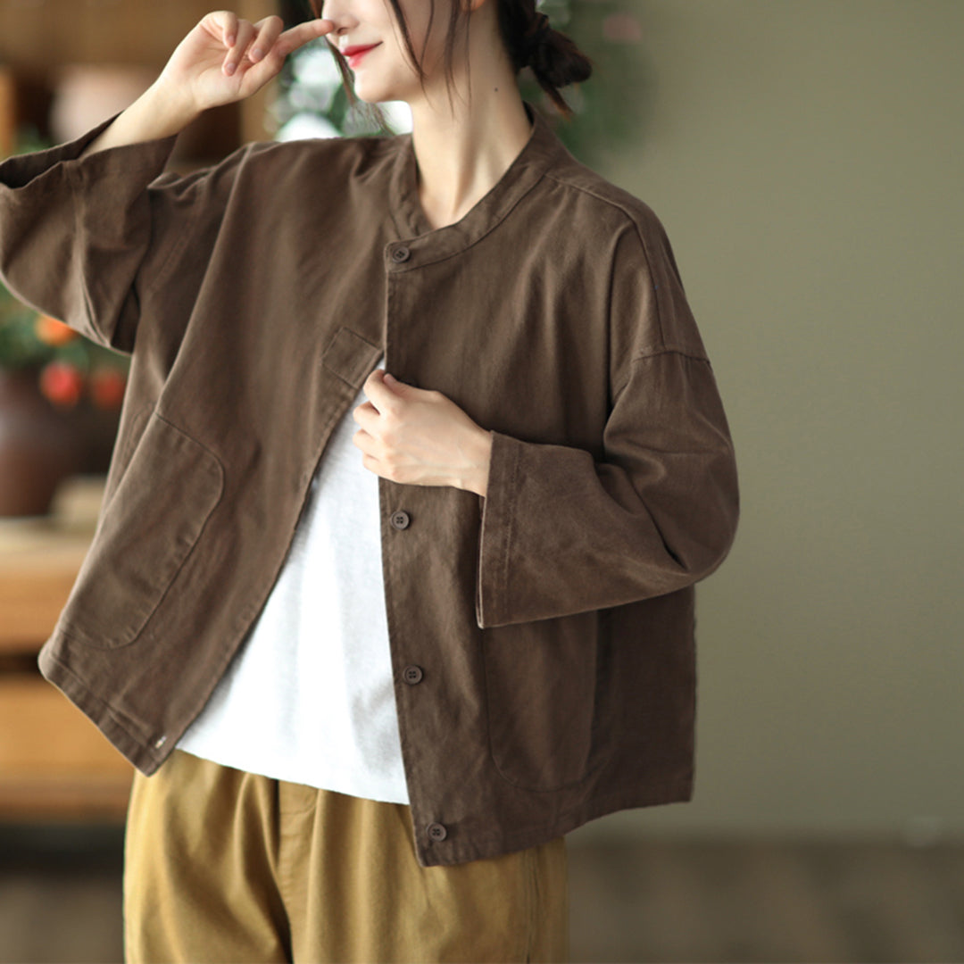 Solid Stand Collar Jacket With Large Pockets