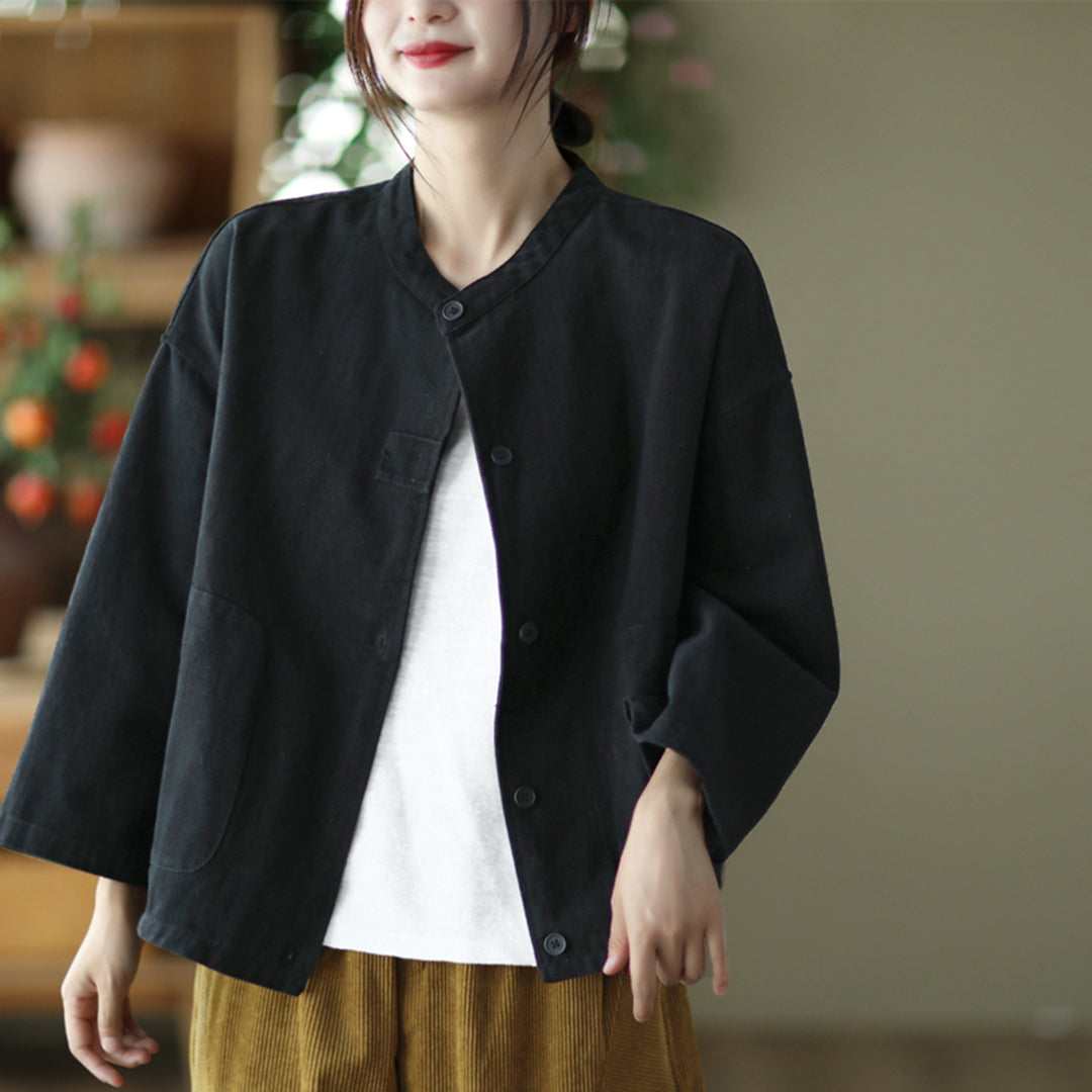 Solid Stand Collar Jacket With Large Pockets