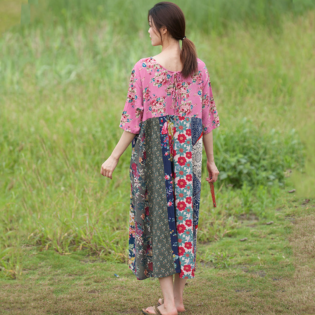 Spliced Floral Lace-up Linen Dress - Luckyback