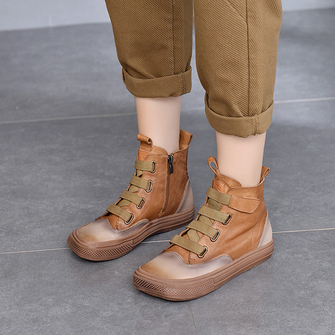 Square Toe Velcro Leather Ankle Boots - Luckyback
