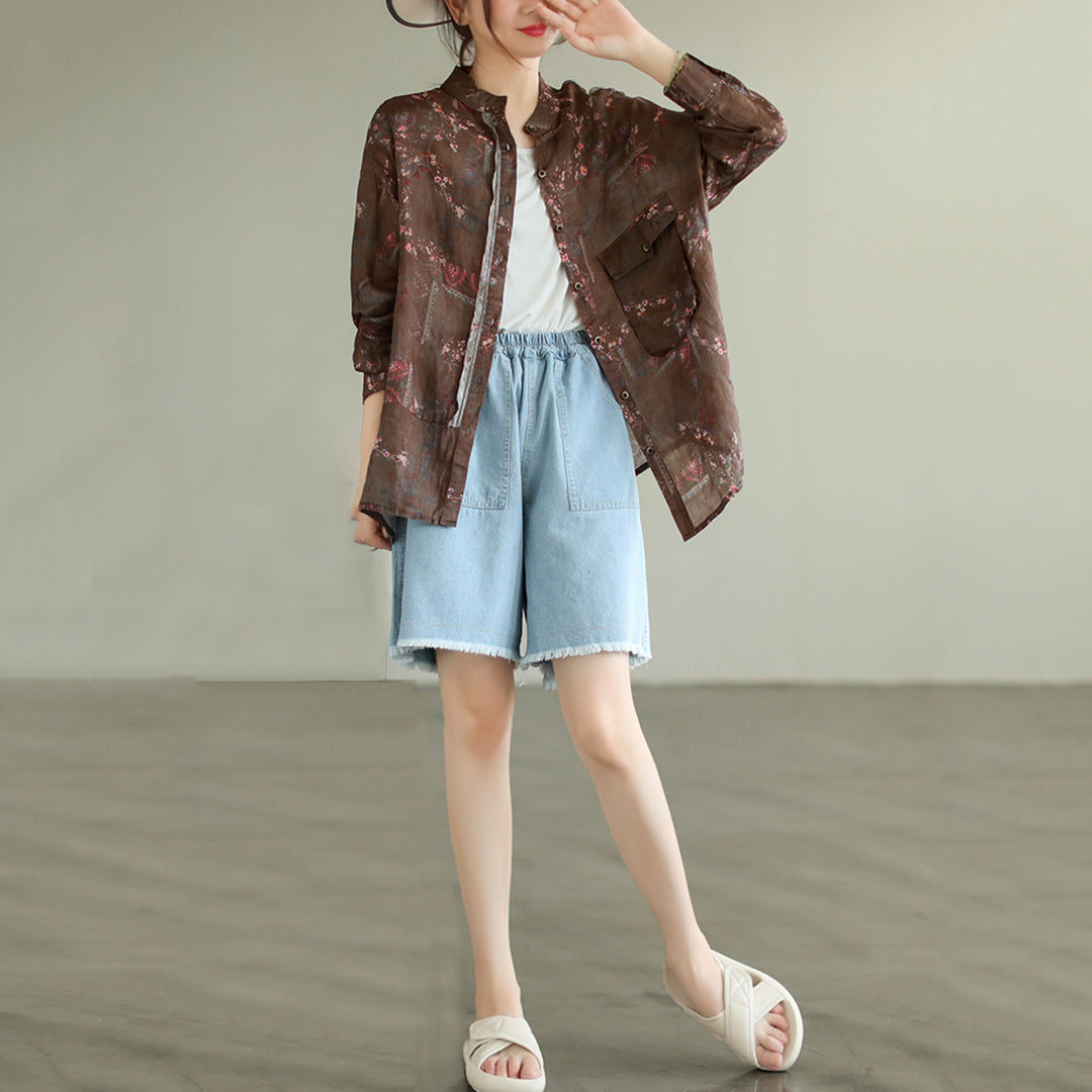 Women Summer Vintage Embroidery Stand Collar 100 Ramie Shirt