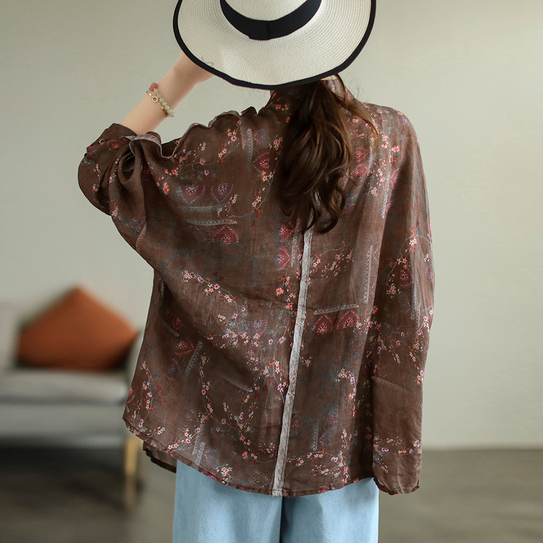 Women Summer Ethnic Flower Stand Collar 100%Ramie Shirt