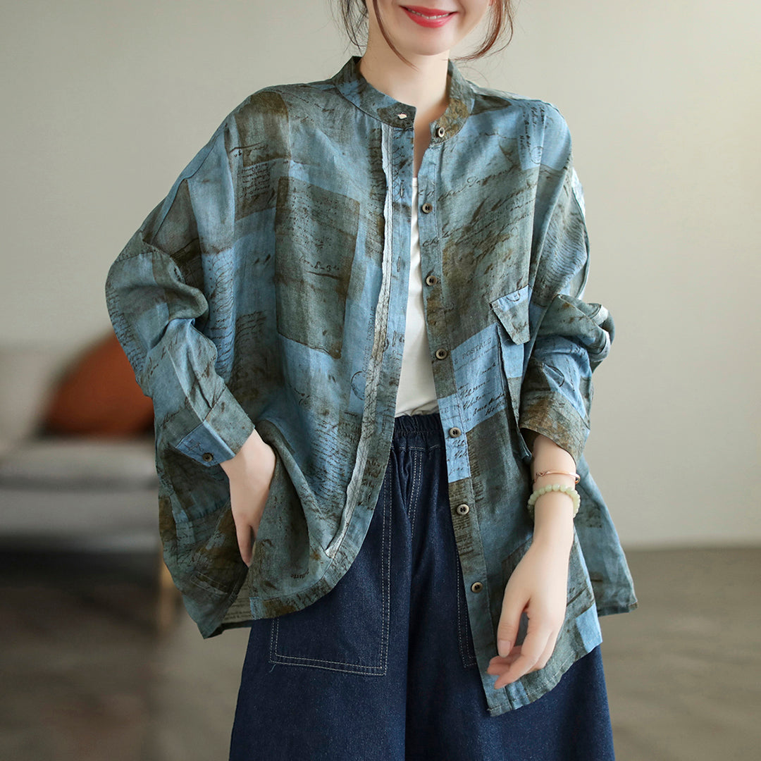 Women Summer Stand Collar Flower 100 Ramie Cardigan Shirt main image 0