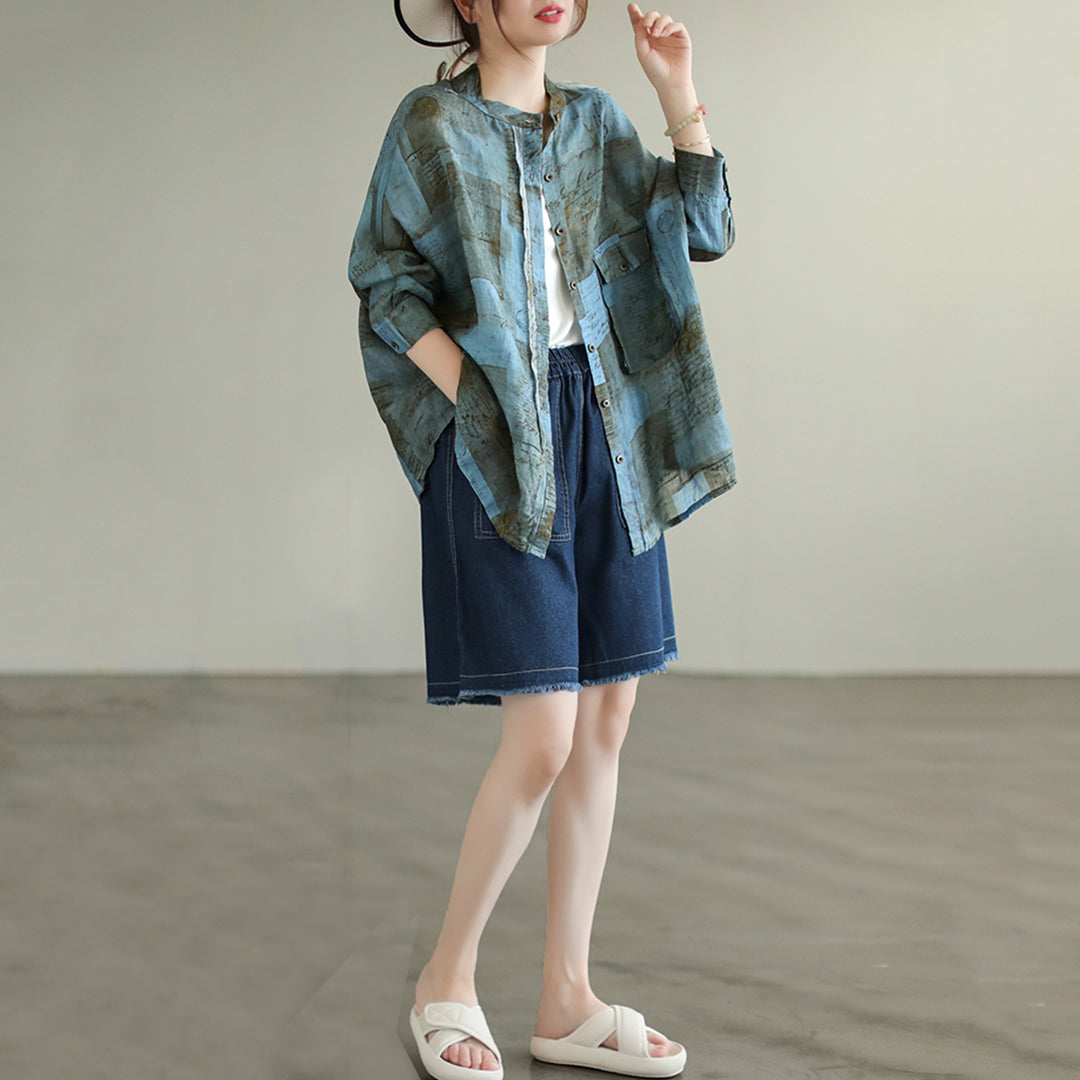 Women Summer Vintage Embroidery Stand Collar 100%Ramie Shirt main image 0