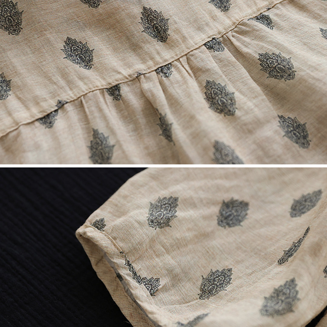 Stitching Retro Ramie Print Sleeve Shirt Retrosia