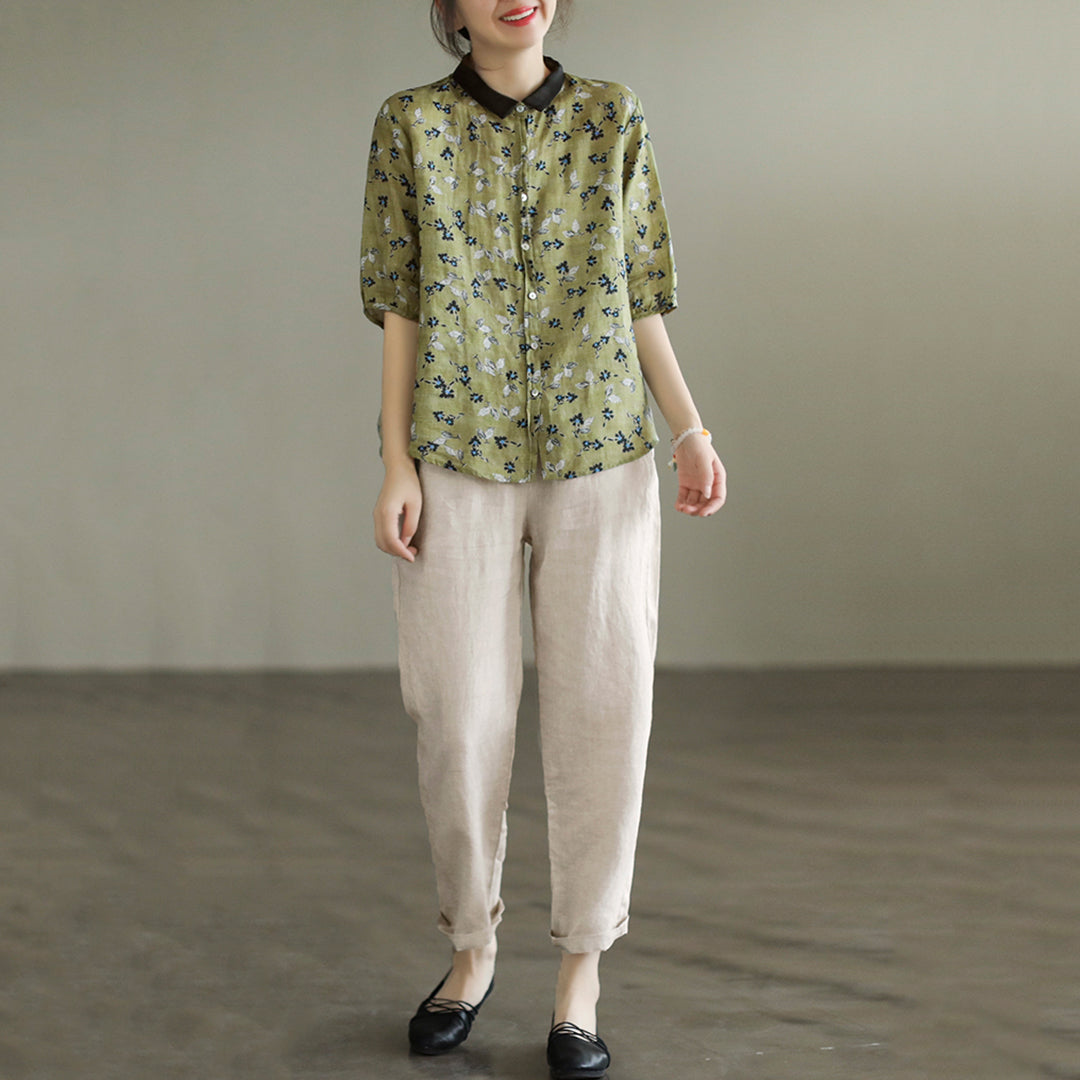 Stitching Retro Ramie Print Sleeve Shirt Retrosia