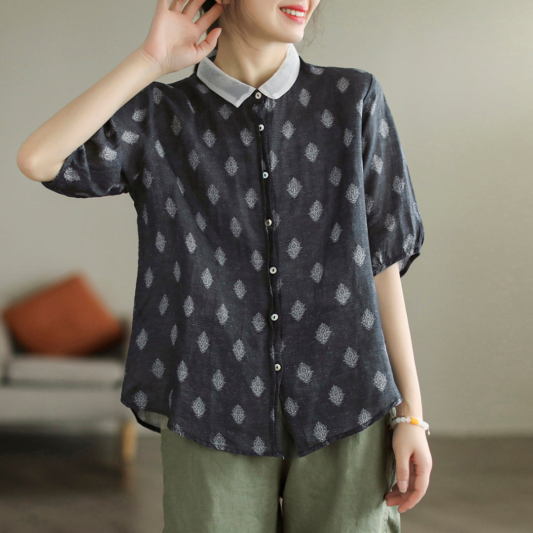 Stitching Retro Ramie Print Sleeve Shirt Retrosia