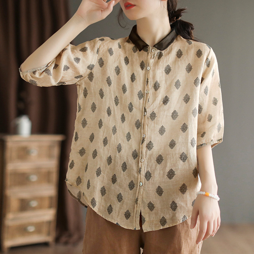 Stitching Retro Ramie Print Sleeve Shirt Retrosia