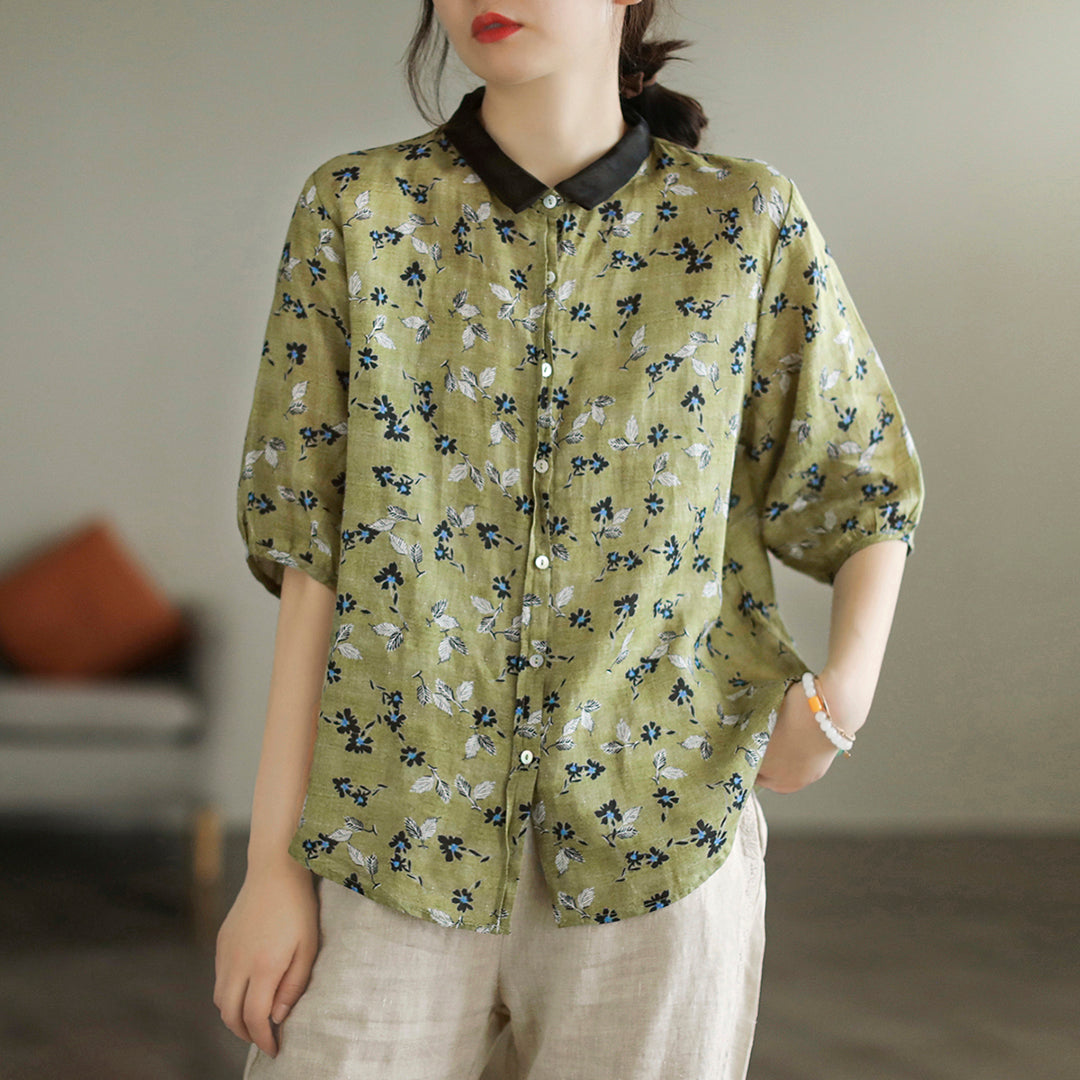 Stitching Retro Ramie Print Sleeve Shirt Retrosia